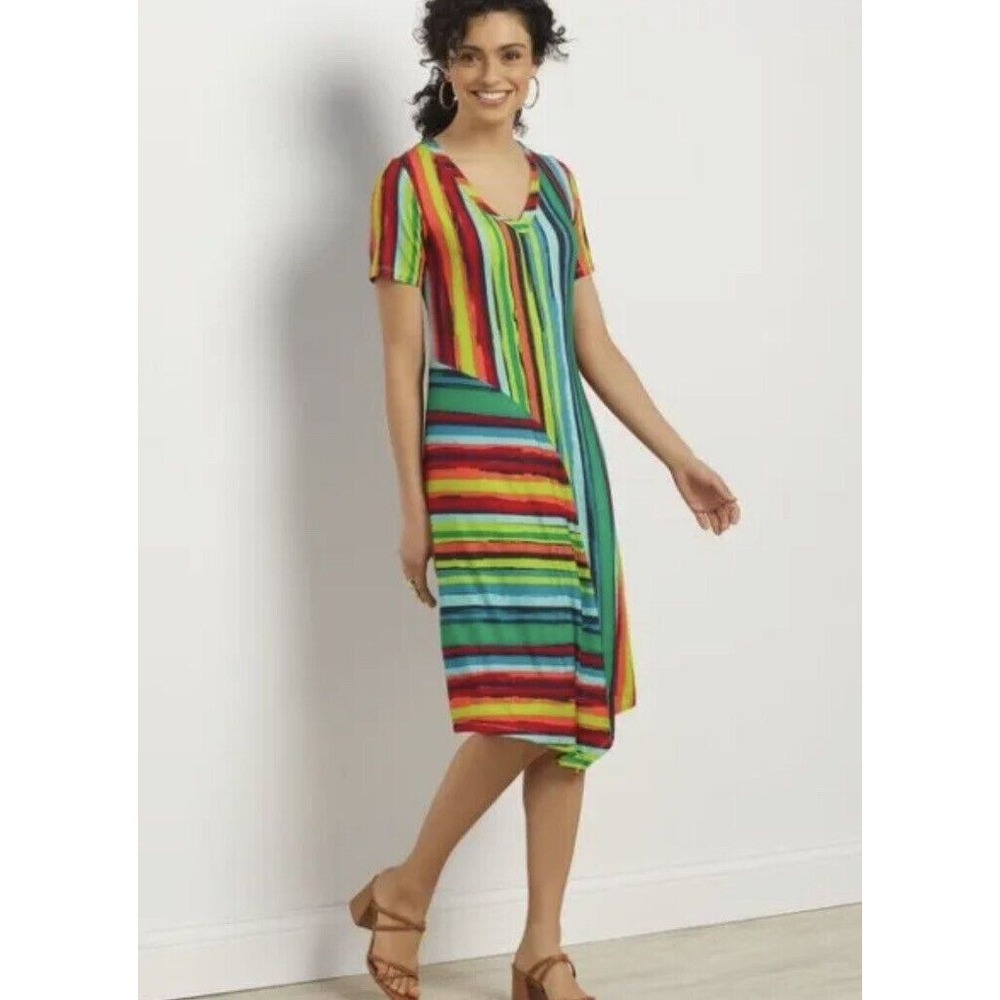 Soft Surroundings Happy Place Dress Womens Small Multi Stripe V-Neck 2EF04